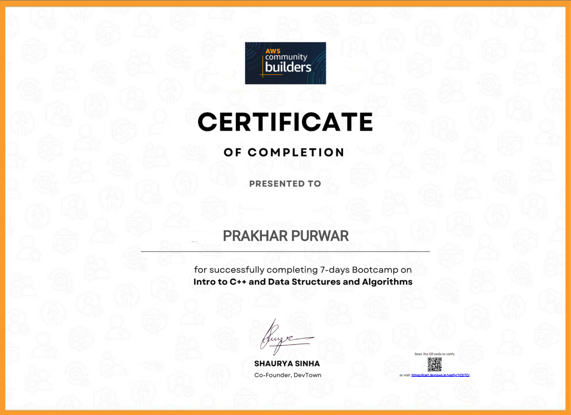 AWS Community Builders DevTown bootcamp certificate